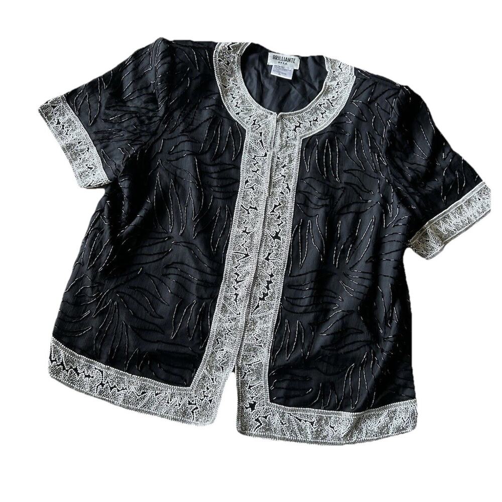 Vintage Brilliante J.A. Beaded Sequin Silk Jacket Womens XL Black Evening